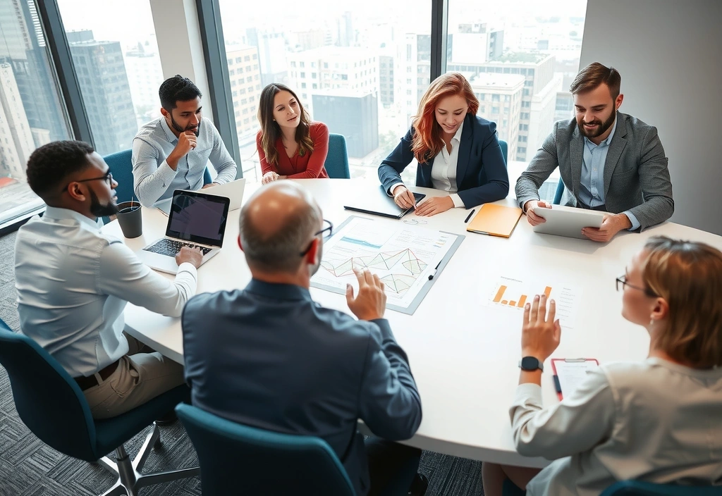 Echipă de consultanți discutând o strategie de marketing