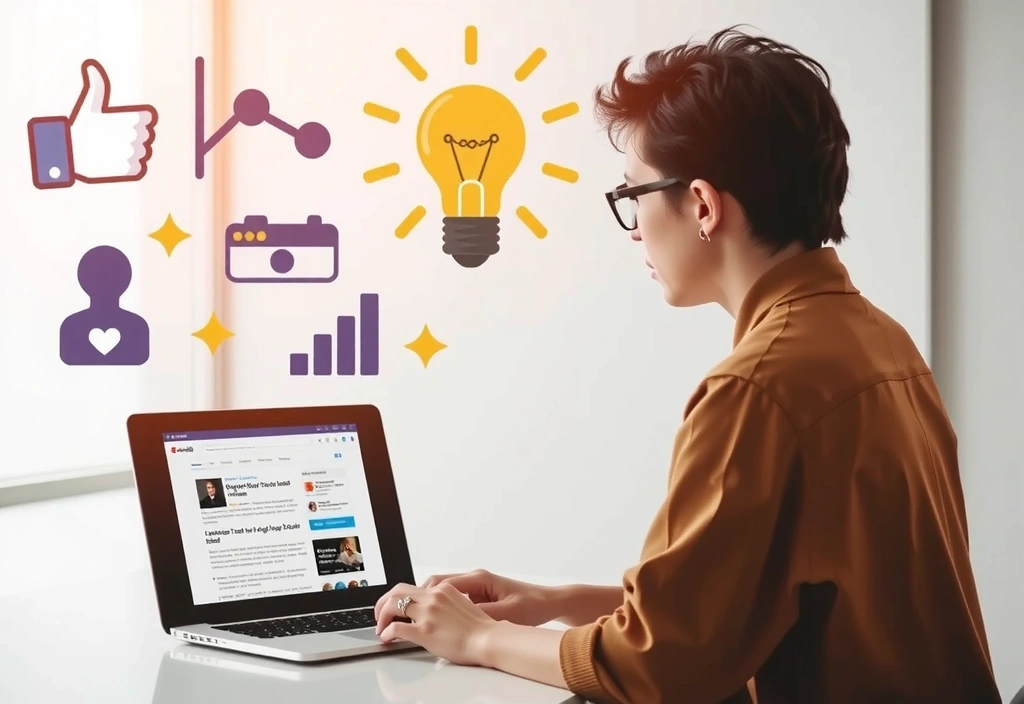 O persoană citește un blog pe un laptop, înconjurată de icoane de social media și grafice de analiză, simbolizând conținutul util și educațional.