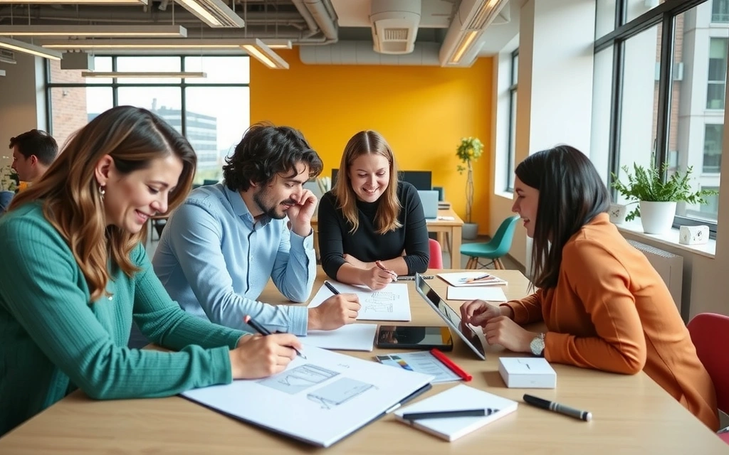 Echipă de designeri colaborând creativ