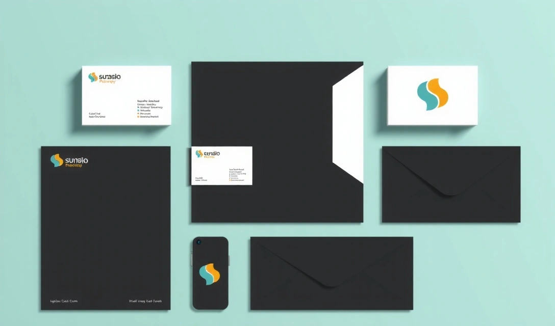 Exemple de elemente de identitate vizuală: cărți de vizită, antet, fundaluri