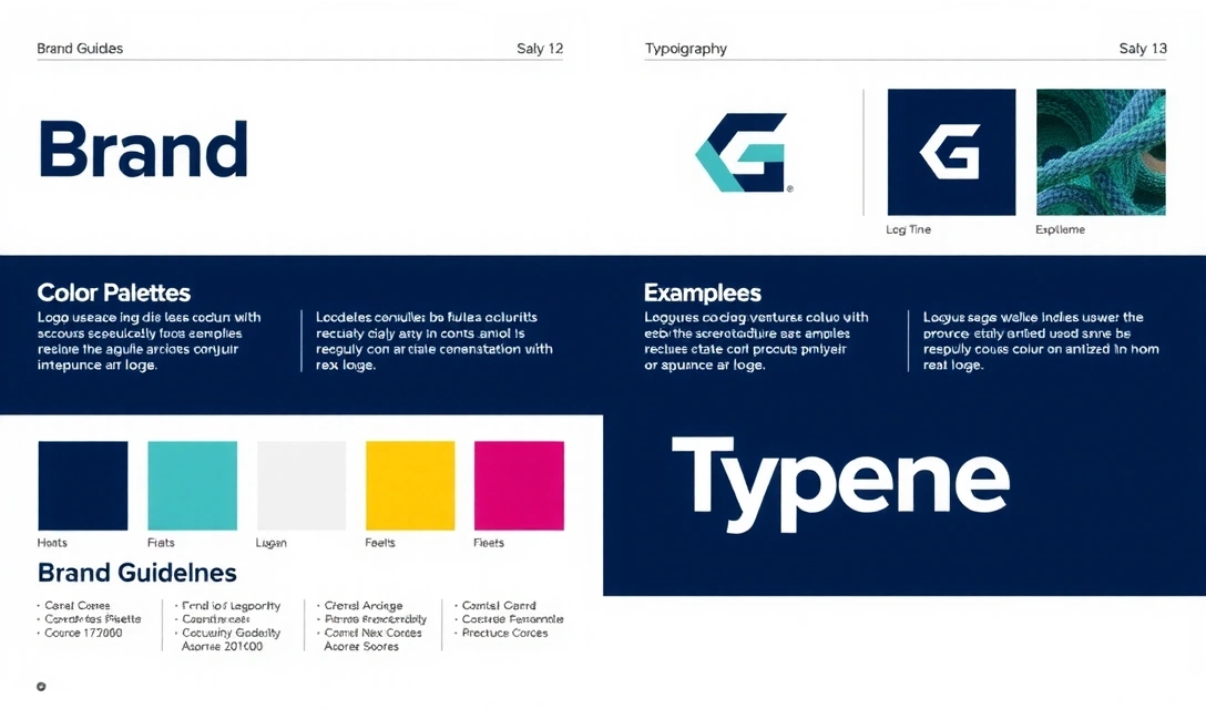 Pagină deschisă dintr-un ghid de brand cu specificații de logo și culori
