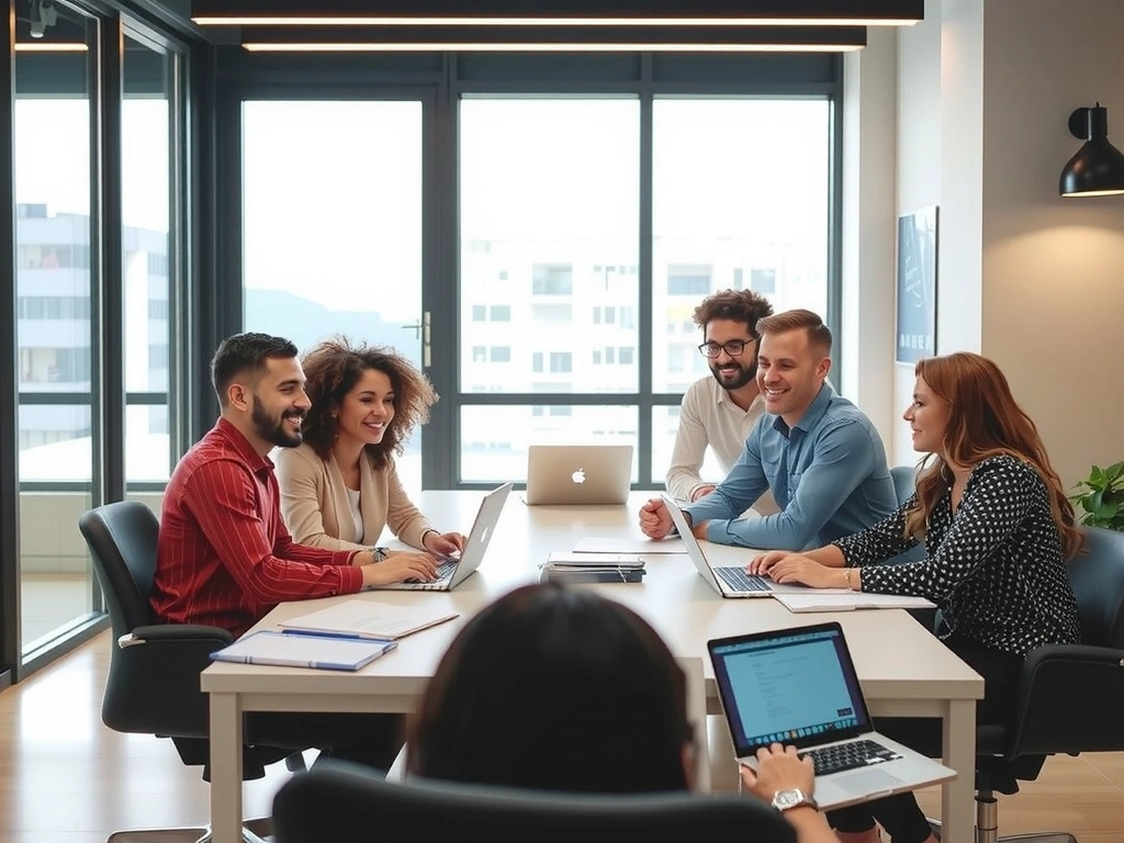 Echipa adprime în birou modern, colaborând și zâmbind