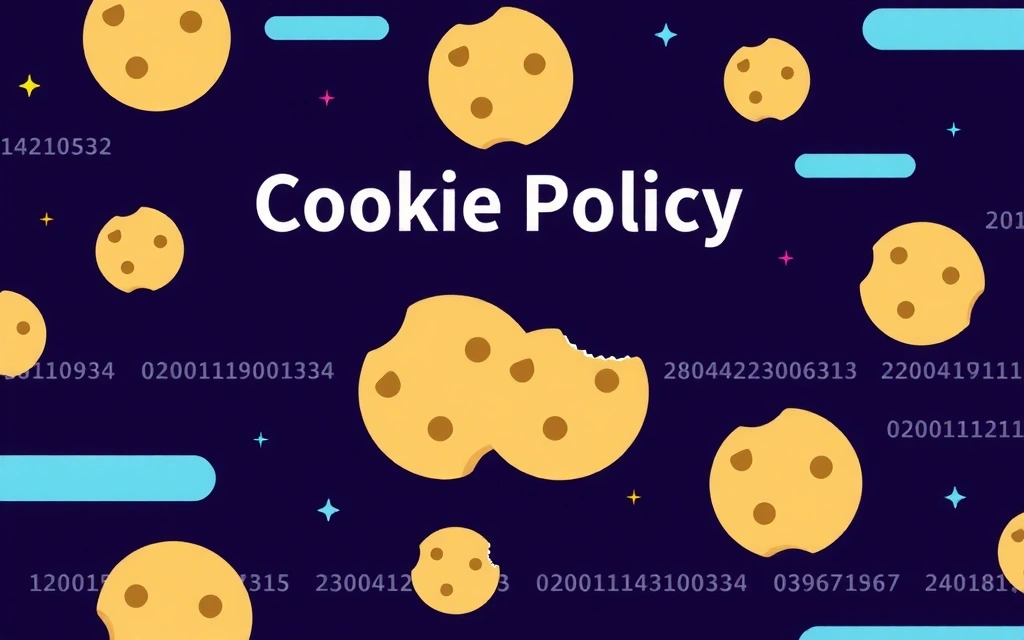 Ilustrație cu simboluri de cookie-uri și date digitale, reprezentând conceptul de politică de cookie-uri și confidențialitate online.