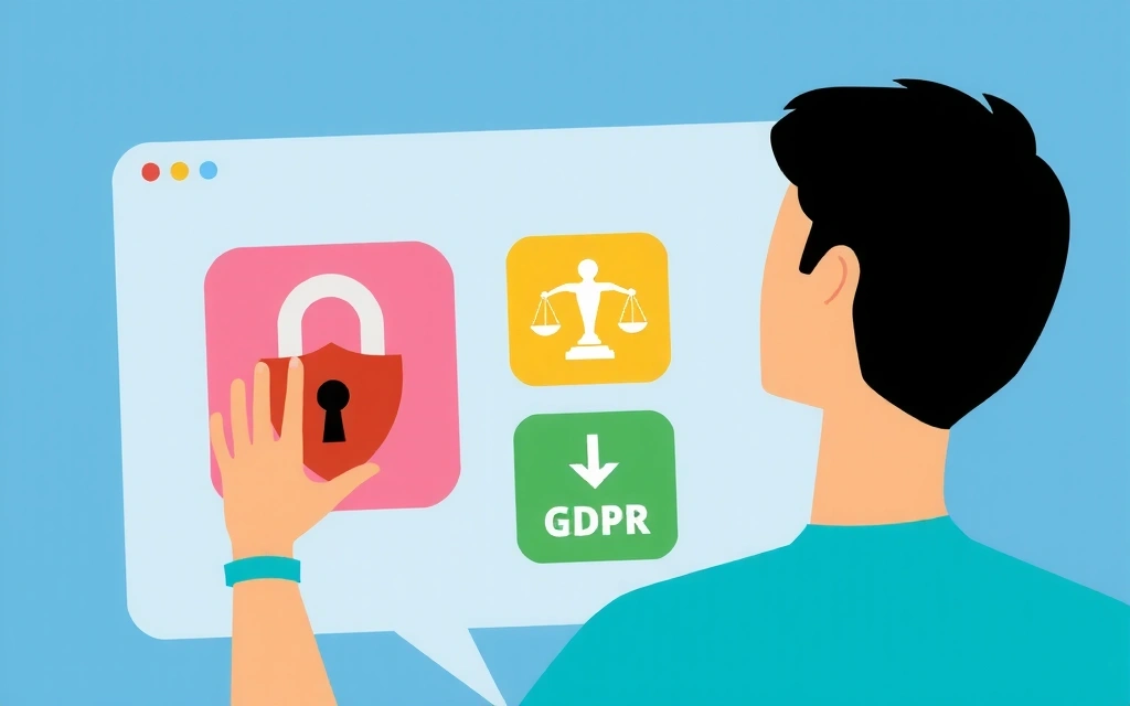 Ilustrație cu o persoană care interacționează cu un ecran virtual care afișează pictograme de drepturi GDPR