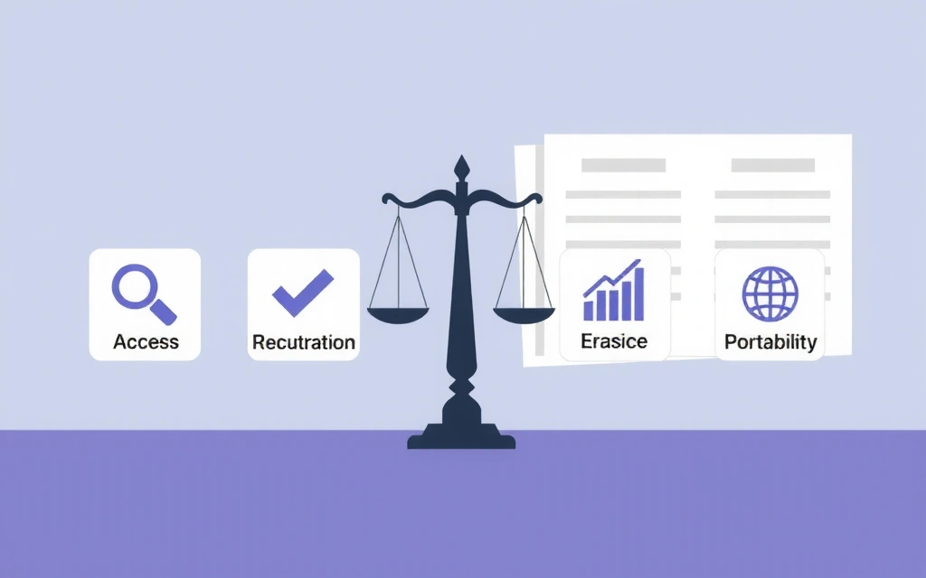 Ilustrație cu simboluri de drepturi de date, balanță și documente legale