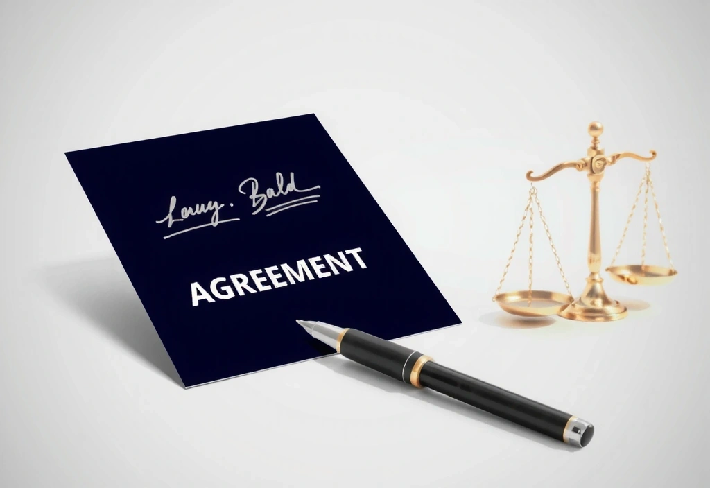 Imagine abstractă reprezentând un acord legal cu simboluri de justiție și semnături digitale.